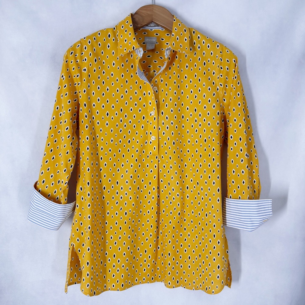 Chico's Sz 1 No-Iron Yellow 1/2 Button Front Top Women's Size 8/10 Medium